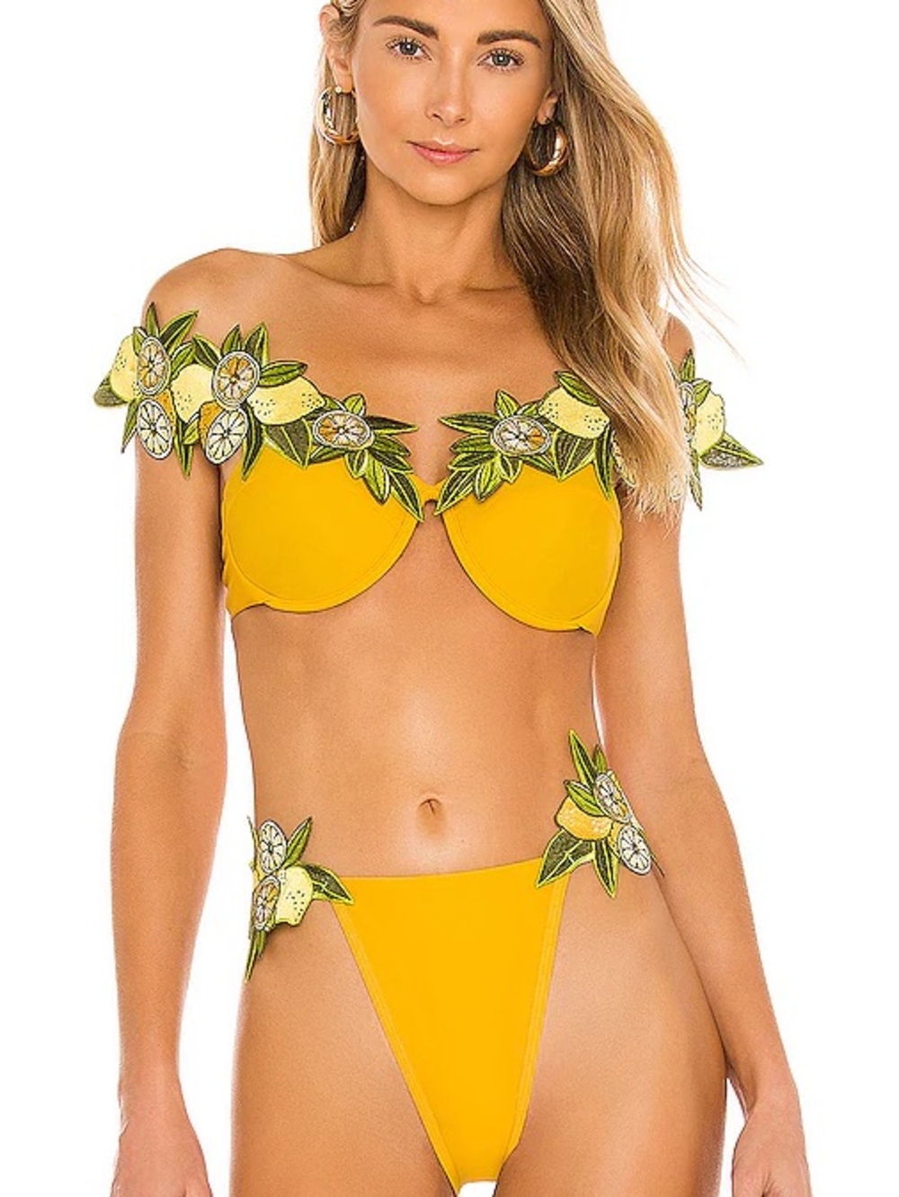 Andrea Iyamah Yellow Lemon Appliqué Off-Shoulder Bikini Set Size L